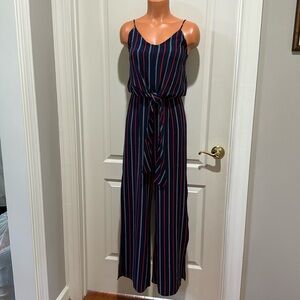 MONTEAU Navy Red White Striped Jumpsuit S Small $75 EUC
